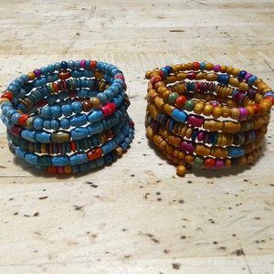 Boho Wood Bead Bracelets Bright Colorful Coil Bracelets